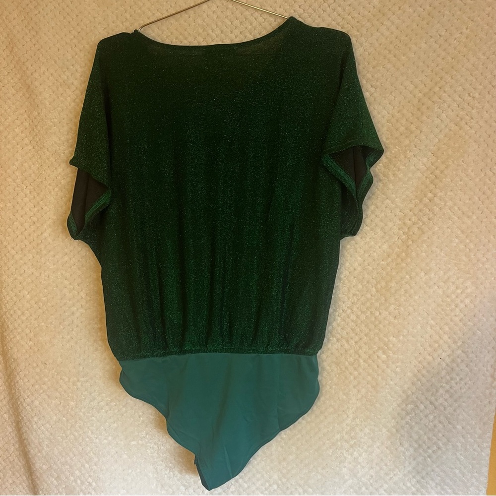 She + Sky Emerald Shimmer BodySuit Top V-Neck Short Sleeve Green Large - Picture 4 of 5